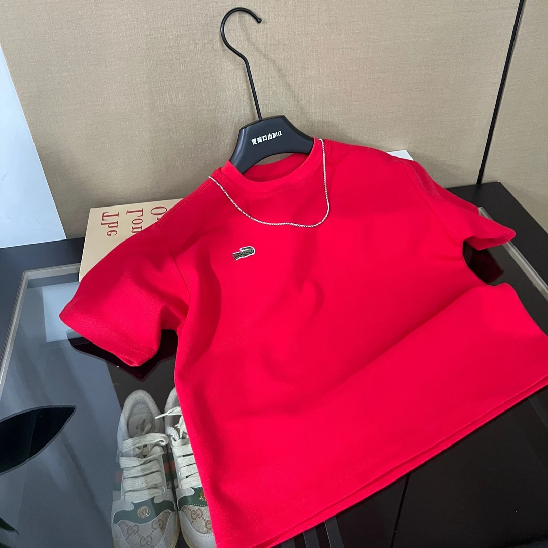 夏季潮牌时尚红色刺绣鳄鱼重工休闲短袖百搭男女儿童短袖T恤