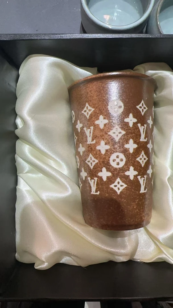 手工创意复古描金花青瓷奶茶杯盖杯茶杯手绘