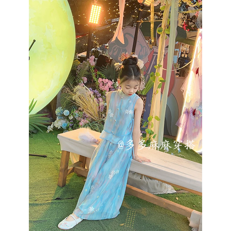 女童无袖国风夏季女童新中式国风无袖重工刺绣套装汉服套23920#