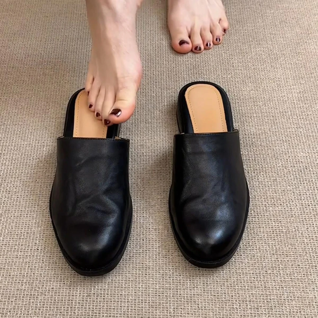 低跟真皮简约外穿包头鞋女舒适优雅百搭圆头一脚蹬穆勒鞋