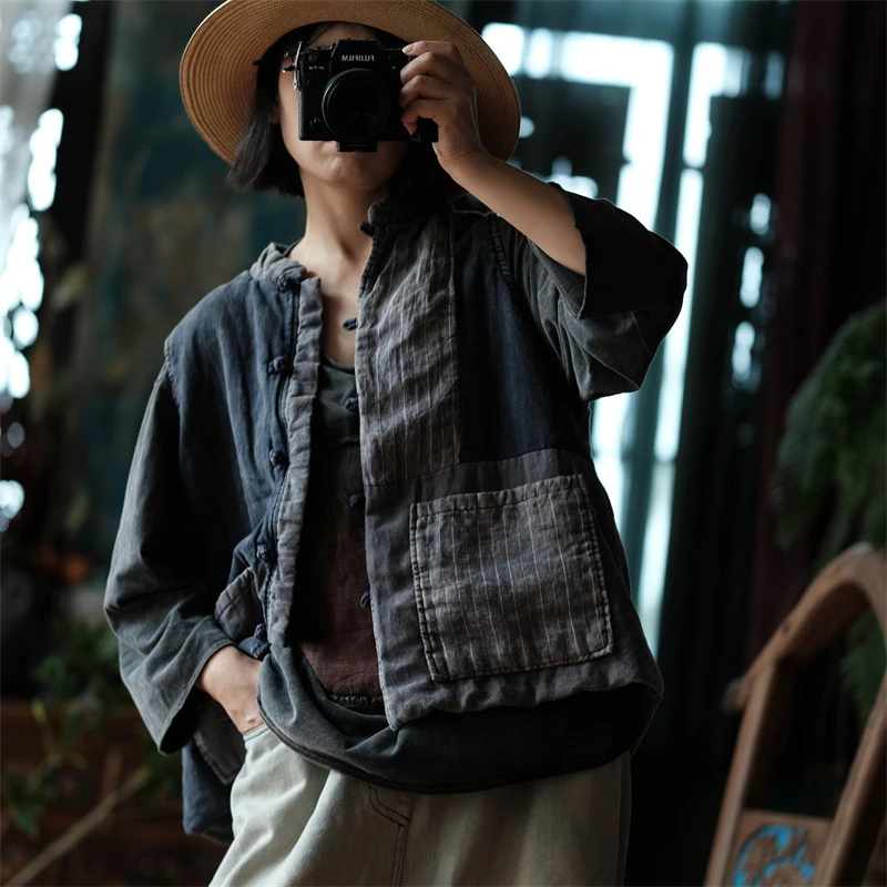 轻民族风落拓风拼布爆款原创文艺复古宽松棉马甲女装1796灰拼