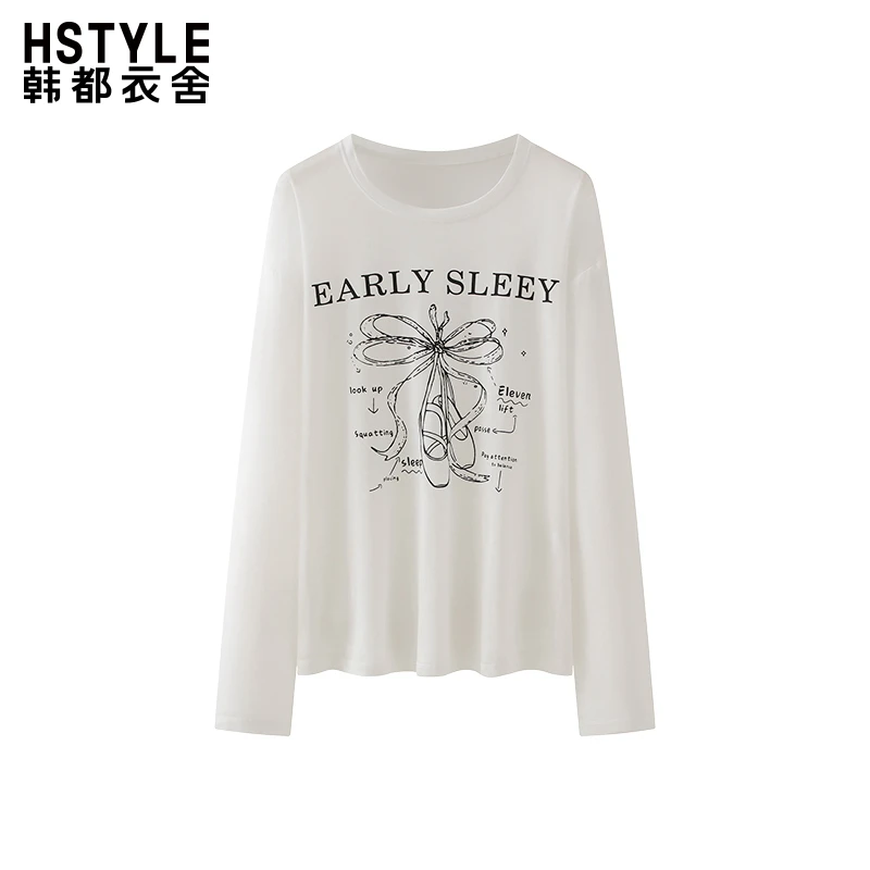 韩都衣舍圆领蝴蝶结印花长袖T恤女慵懒风宽松休闲套头上衣打底衫