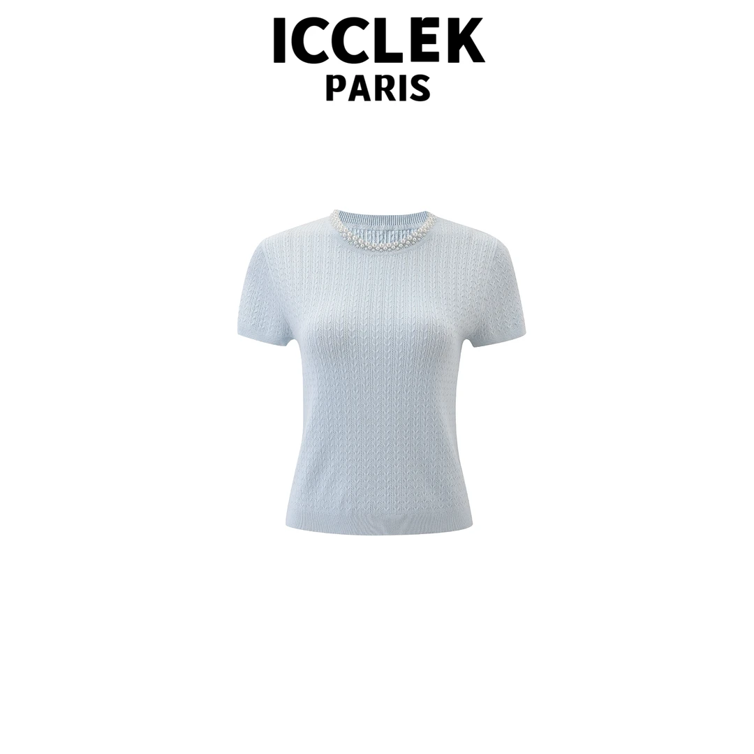 ICCLEK 蓝色圆领钉珠短袖针织衫休闲百搭气质显瘦名媛上衣 -5456