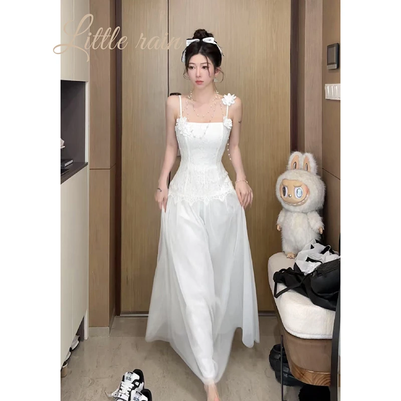 小雨姐姐秋款【晚香月光裙】纯欲性感立体花朵蕾丝拼接网纱连衣裙女