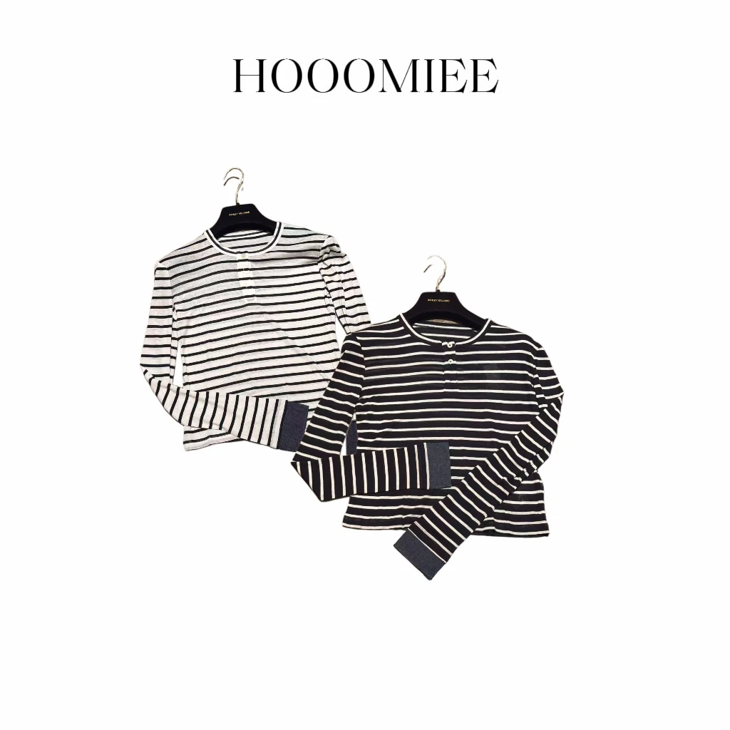 Hooomiee 氛围经典 极简撞色条纹女士长袖上衣220135
