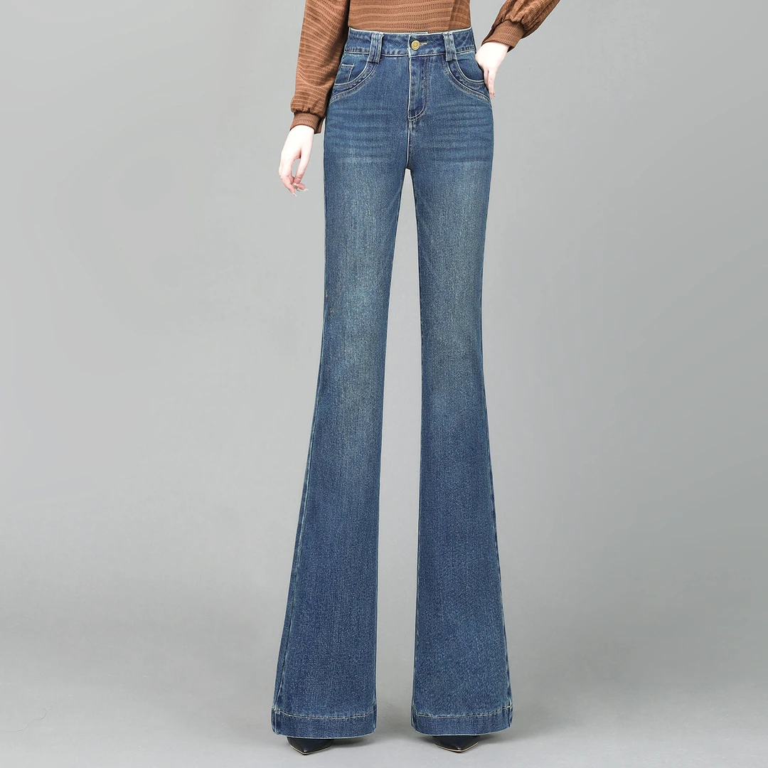 蓝色喇叭裤子2025新款秋冬新款爆款高腰修身显瘦宽松微喇牛仔裤子