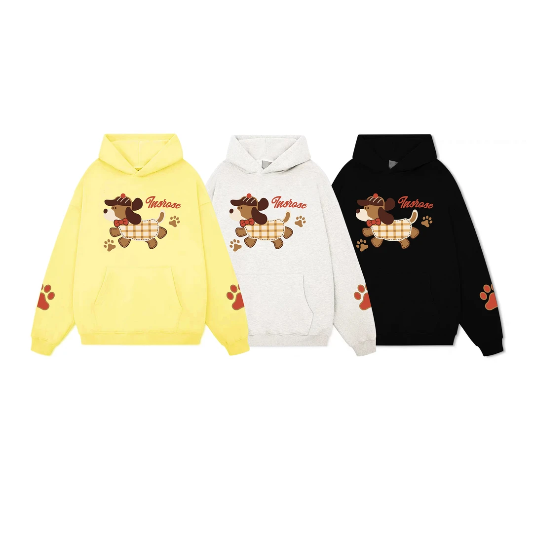 BUBC美式国潮腊肠小狗刺绣设计连帽卫衣宽松潮流情侣秋冬百搭