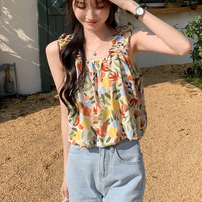 白色鱼骨雪纺衫碎花小设计感背心女内搭外穿夏季短款无袖T恤上衣