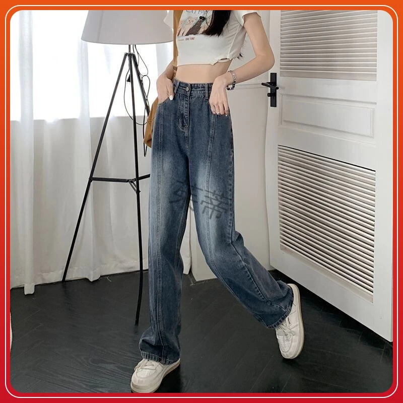 美式高腰设计感小刺绣牛仔裤女高腰直筒秋ins韩版垂感阔腿长裤