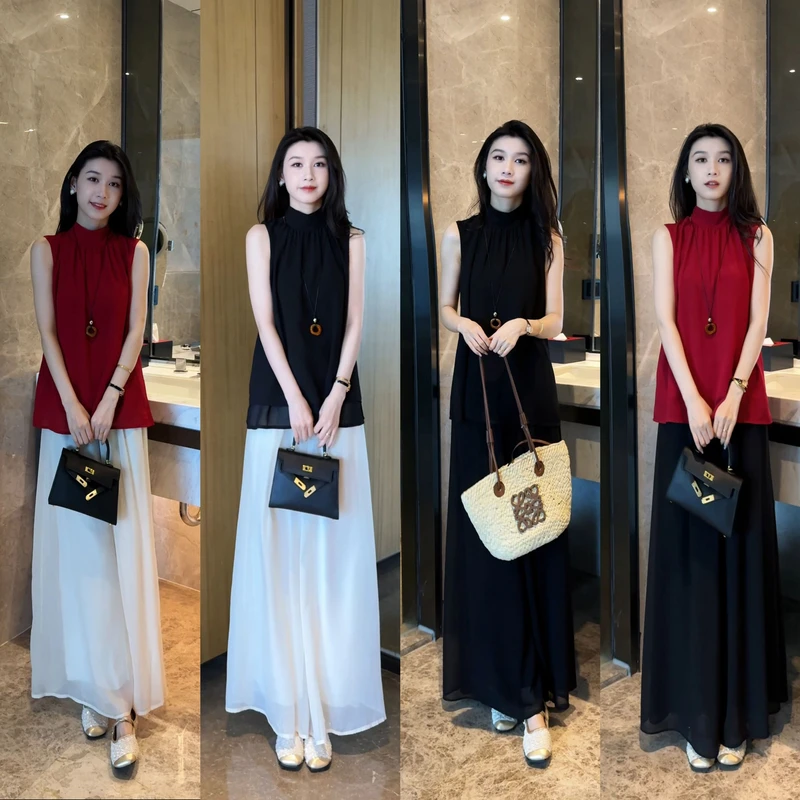 2025气质简约时尚衬衫上衣套装女阔腿裙裤两件套