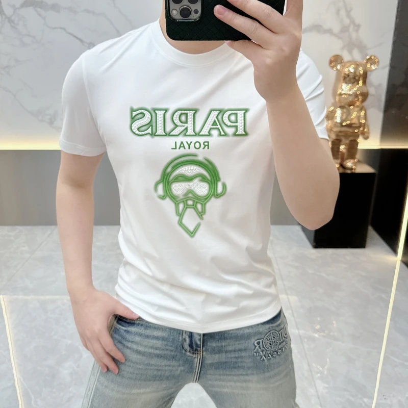 冰希经典.高端潮流男士短袖圆领修身百搭休闲烫钻T恤2025夏季新款