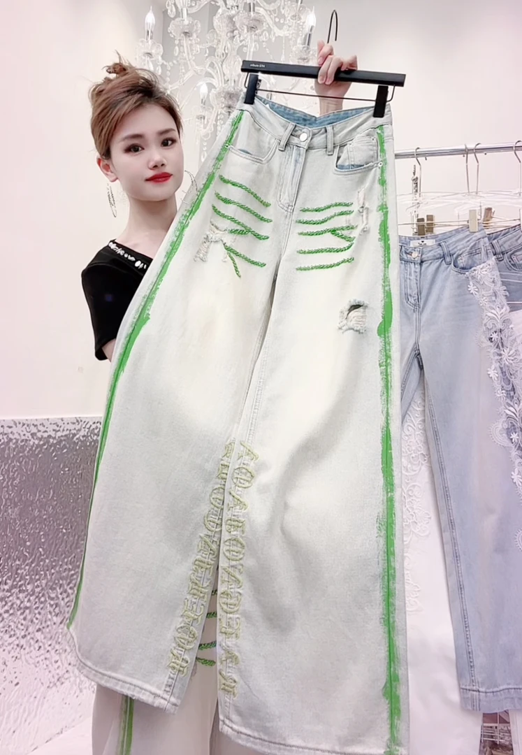 夏季新款重工钉珠刺绣扎染手绘撞色显瘦高腰破洞直筒牛仔裤 #5083