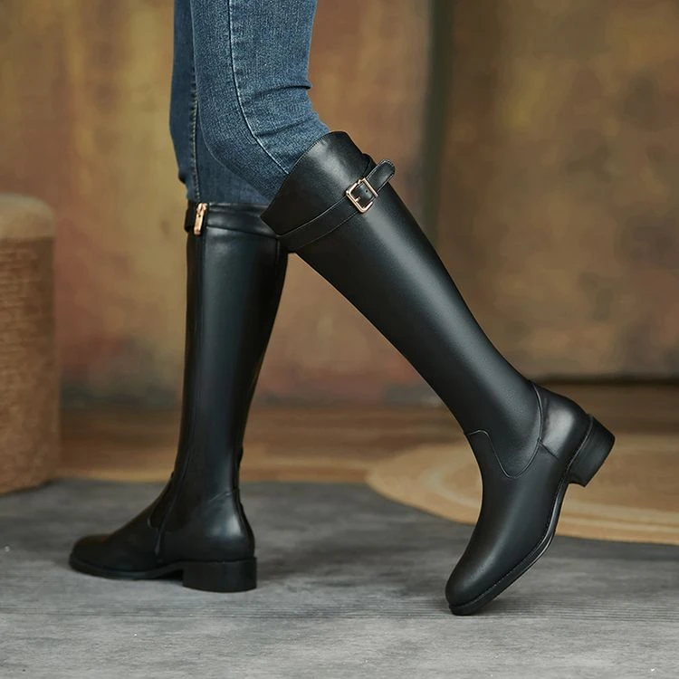 秋冬高筒骑士靴时尚真皮粗跟加绒高跟过膝长筒冬季长靴高筒靴女靴