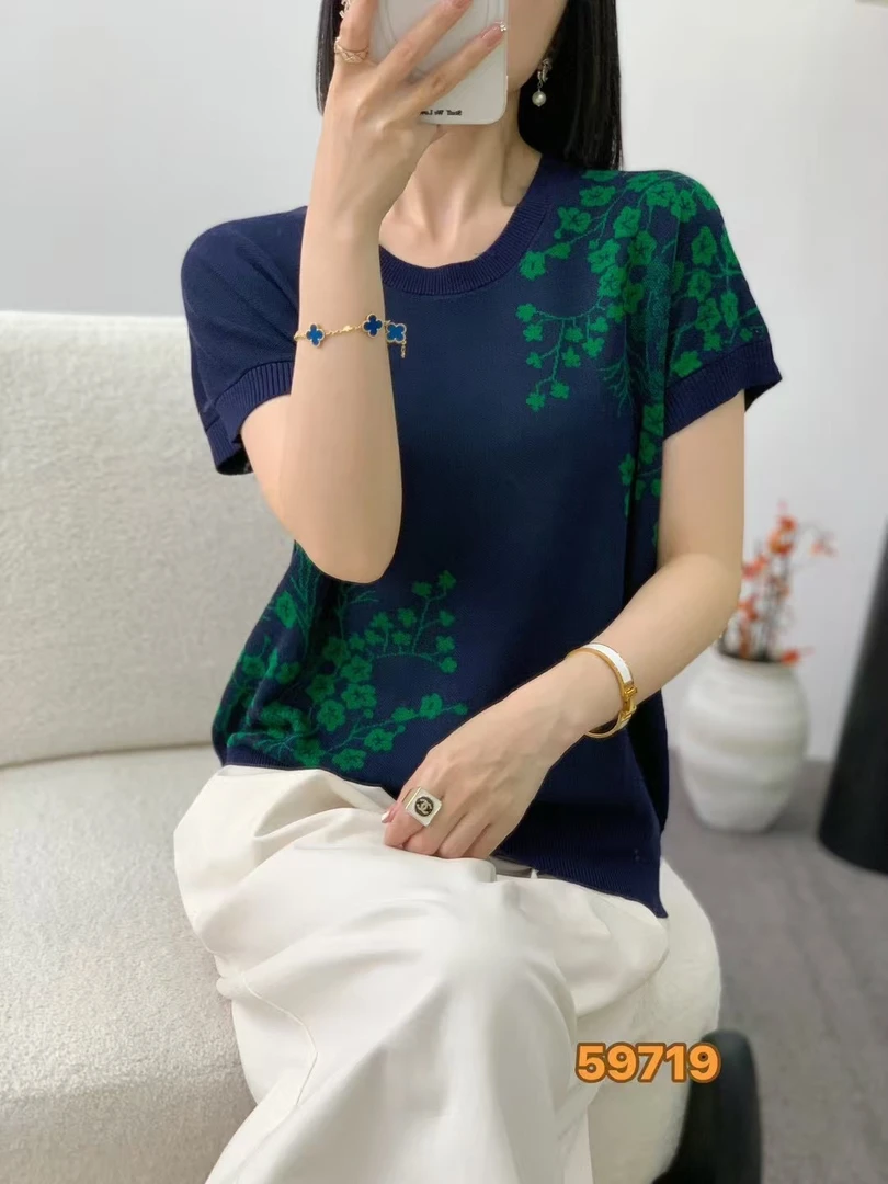天丝复古风梅花精致时尚短袖针织衫夏季新款气质百搭