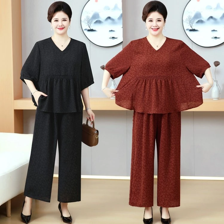 夏季新款胖瘦可穿的妈妈藏肉显瘦套装短袖九分裤能穿到240斤！