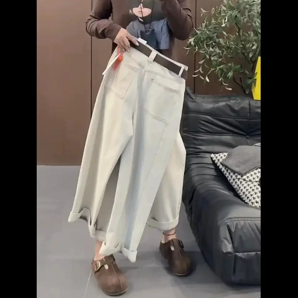 美式潮流优选街头方兜牛仔裤2025秋款梨形高腰宽松显瘦直筒九分裤