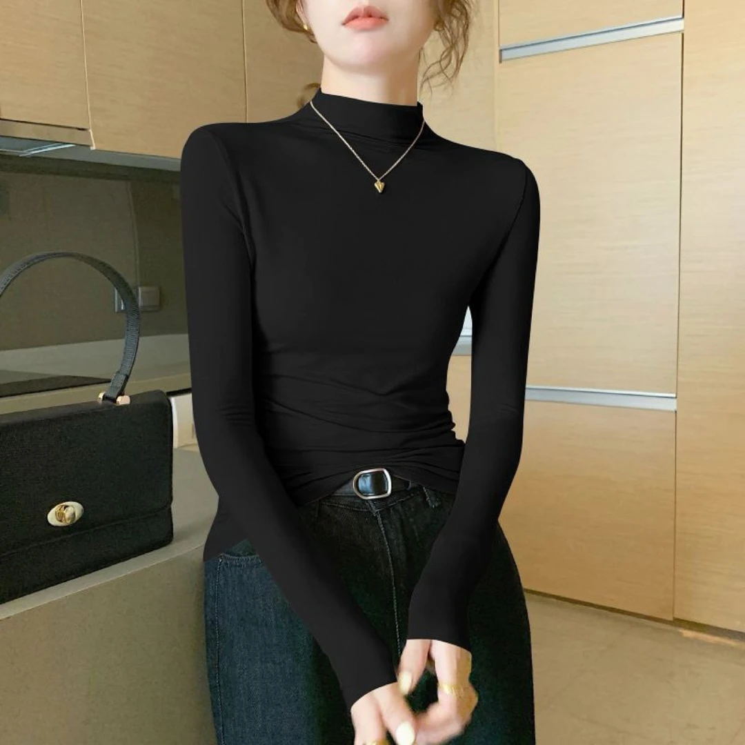 小立领打底衫长袖T恤安可拉红螺纹弹力半高修身妈妈内搭外穿上衣