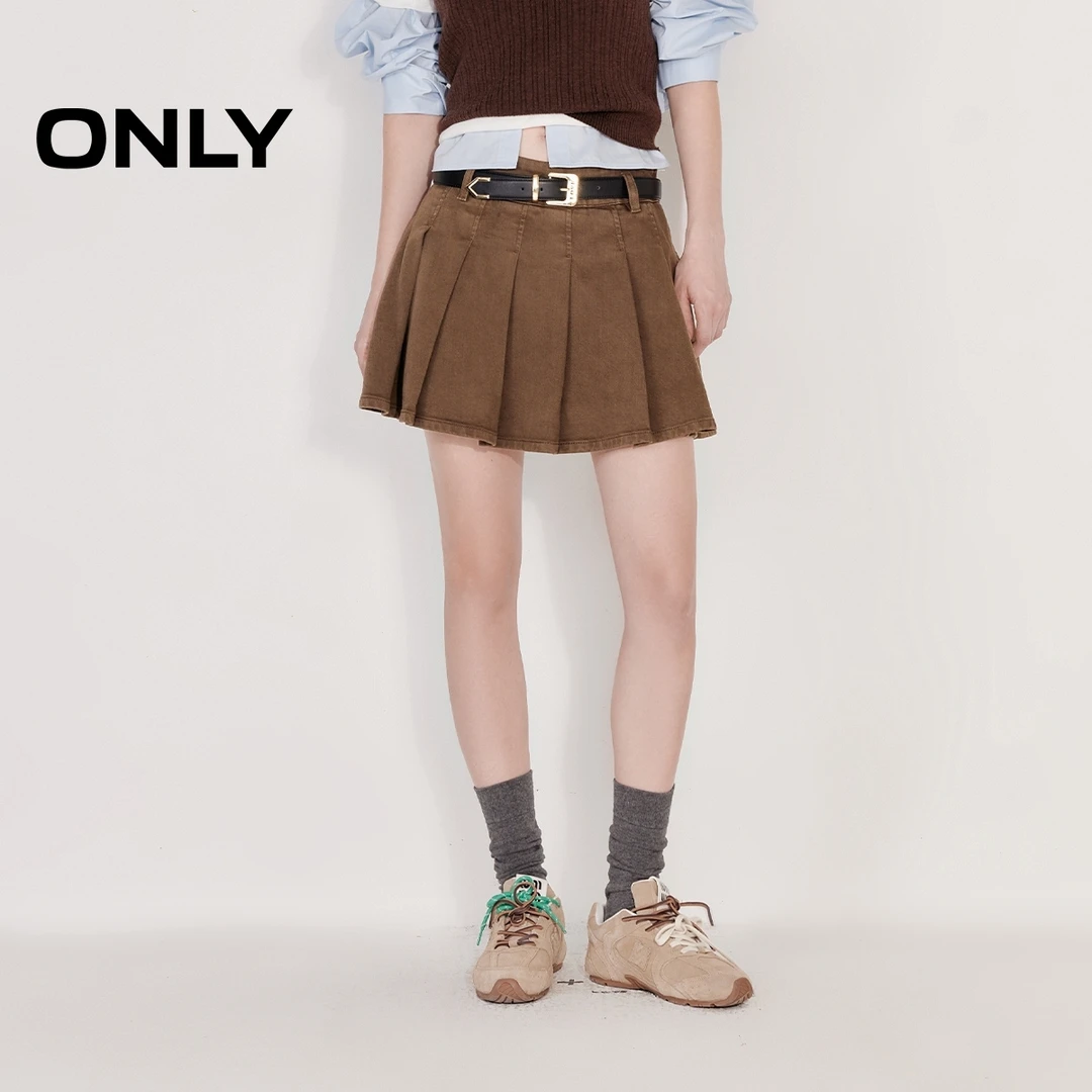 ONLY2025春季新款淑女风A字百褶裙短裙牛仔半身裙女|125137034