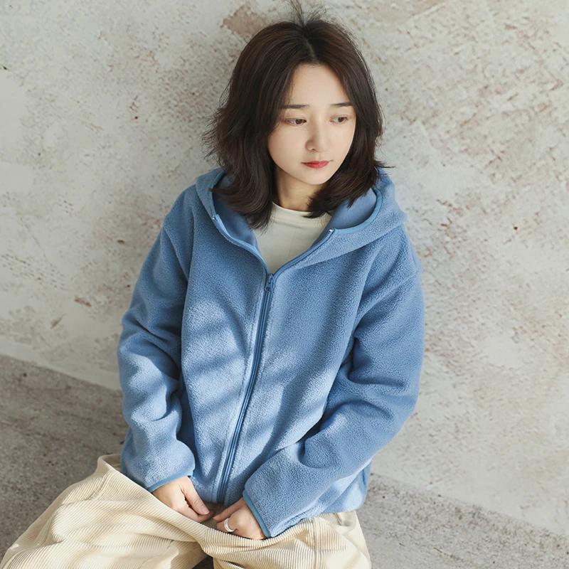 尘染·羊毛感摇粒绒·高级感帽衫女2025蓝色连帽卫衣休闲厚外套