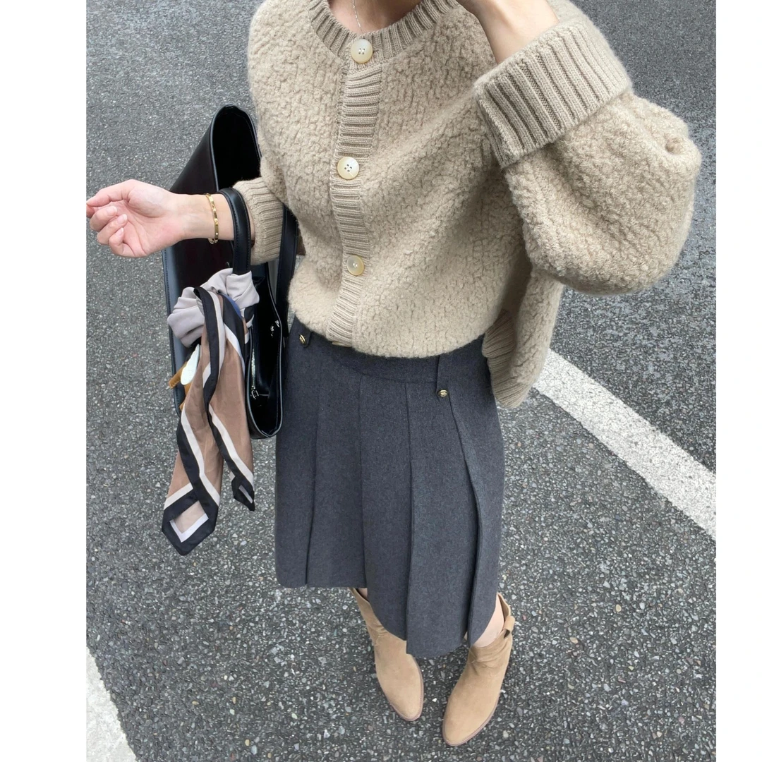 灰色针织半身裙女小个子西装裙2025秋冬季新款百褶a字裙毛呢中裙