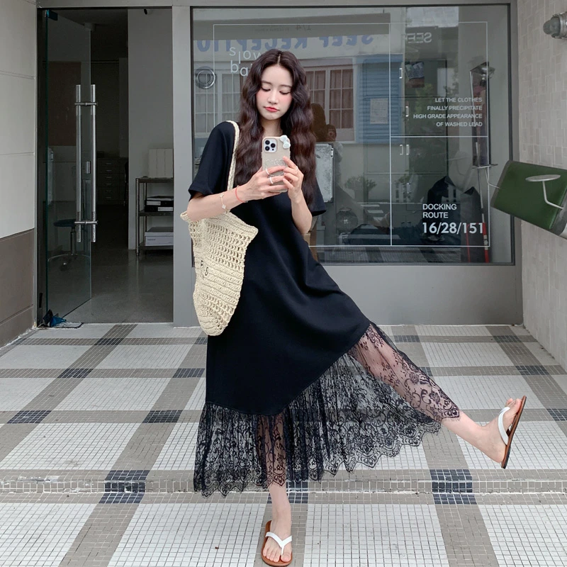 轻熟风法式蕾丝拼接连衣裙2025夏季新款气质名媛氛围感T恤鱼尾裙