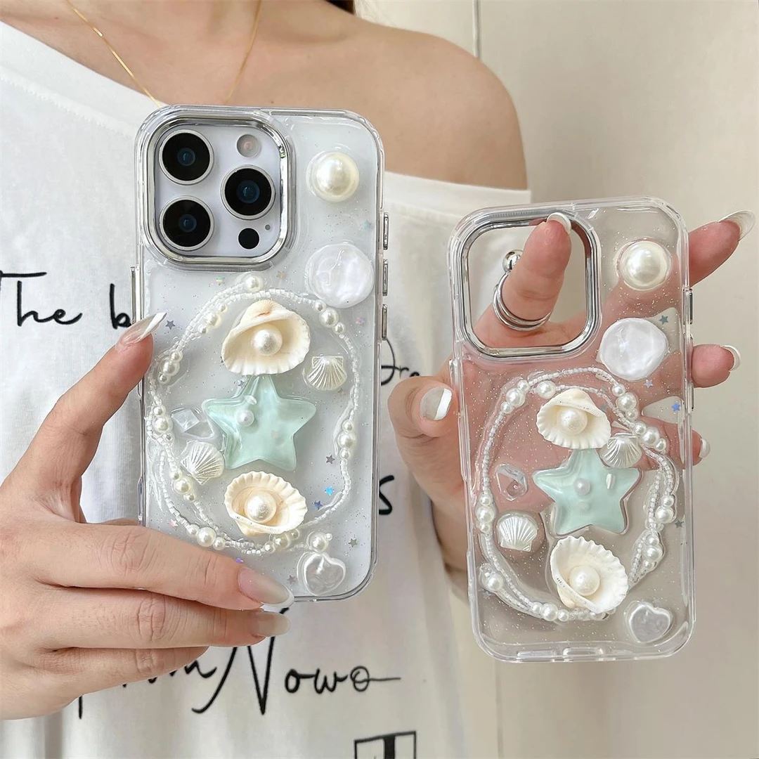 夏日小清新滴胶立体海星贝壳适用苹果16p手机壳iphone15女款14p13