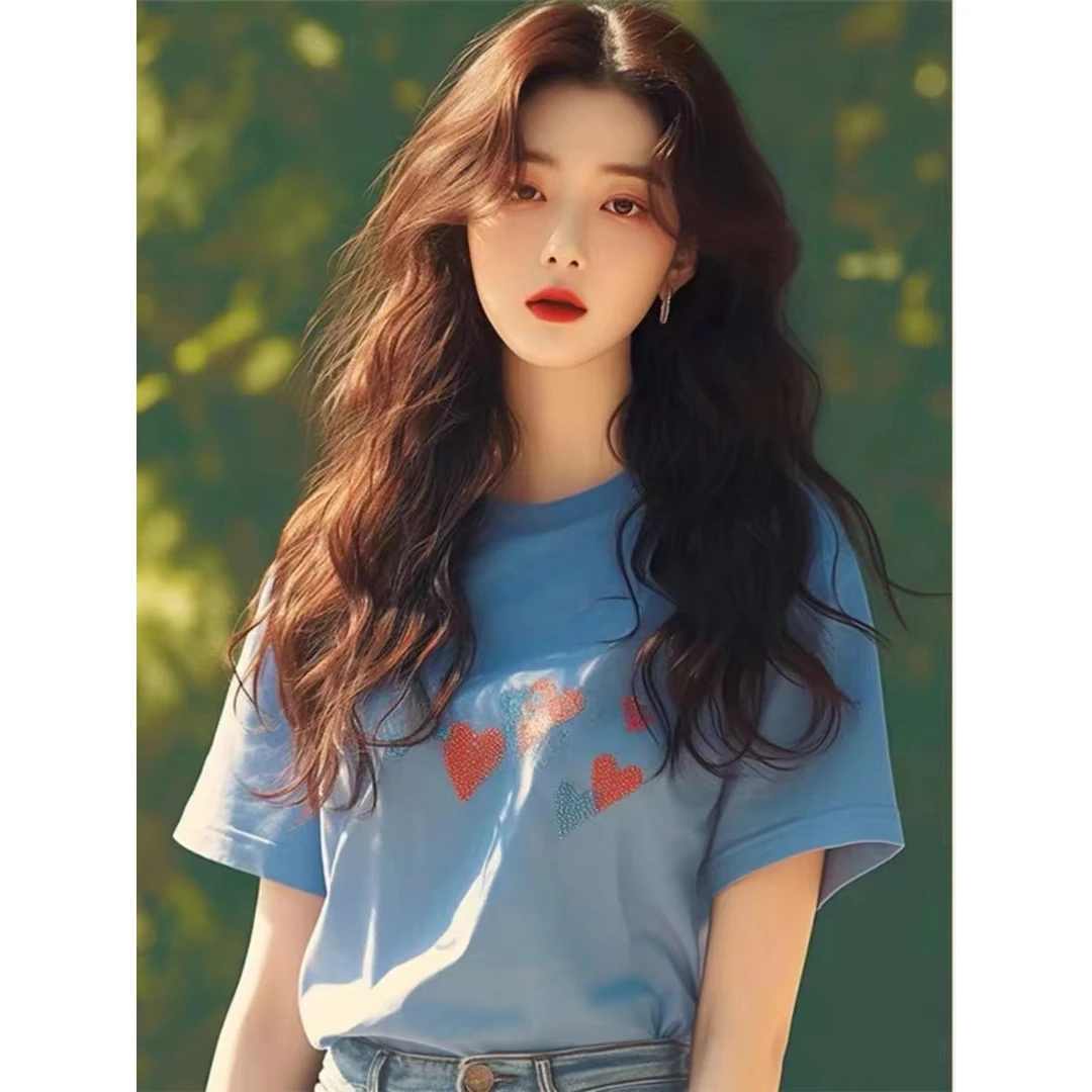 2025新款独特设计感上衣小众别致蓝色爱心印花正肩短袖T恤女夏季