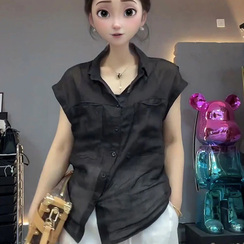 2025夏薄款大码女装宽松慵懒风衬衫显瘦遮肉设计感麻料上衣短袖