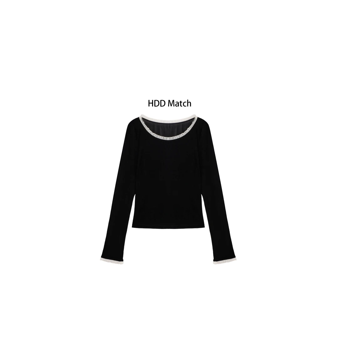 HDD Clothing "氛围日记"春夏女款丝绒拼接花边打底衫上衣 Y7348