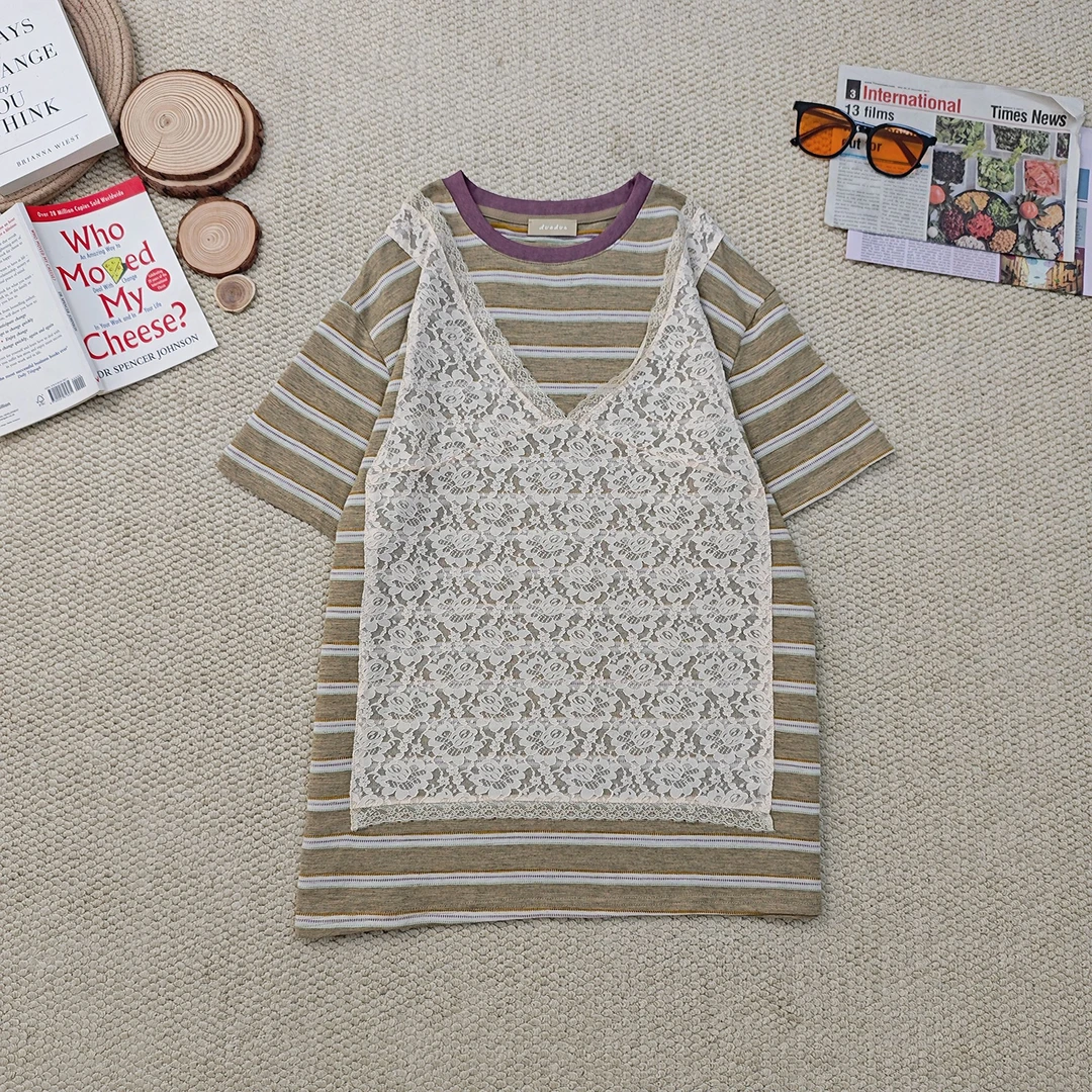 2025夏季新款休闲宽松百搭条纹假两件蕾丝短袖T恤3261