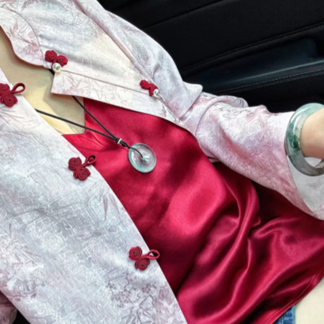 少女心粉色对襟蝴蝶结扣子百搭夏季宽松复古外套上衣中式中国风