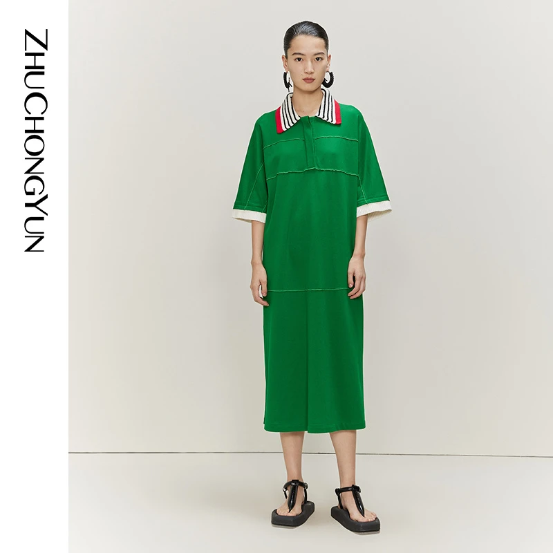 ZHUCHONGYUN【冬姐精选】春款拼色针织polo领口连衣裙女士C1DE25686