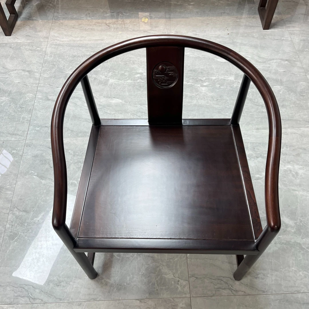 黑胡桃色实木茶桌椅餐椅圈椅围椅三件套中圆椅单人椅家用餐厅椅子