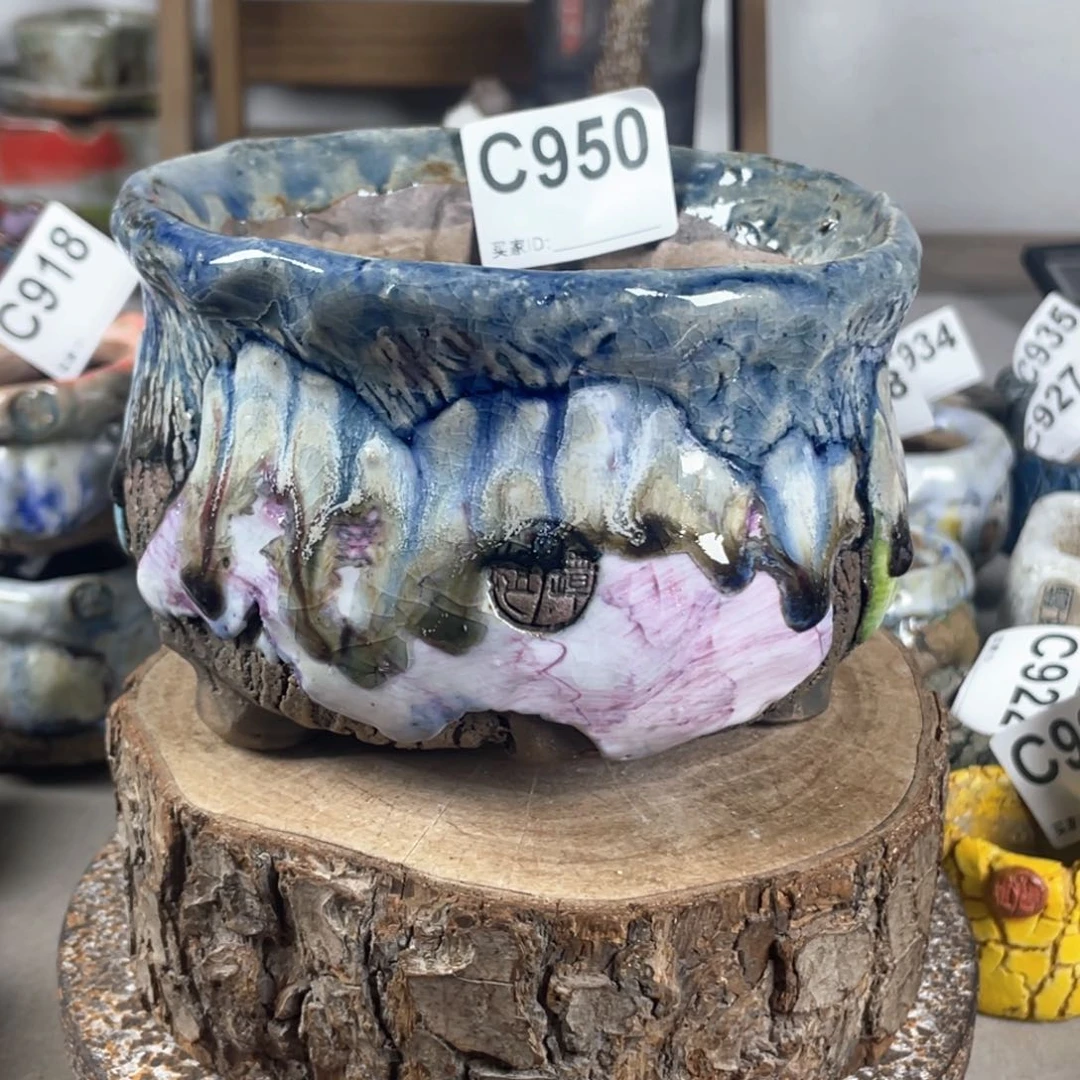 紫砂花盆孤品不规则油画山石钱袋 外口13