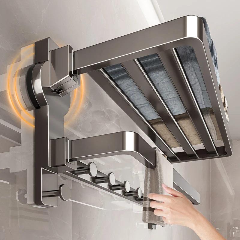 百悍吸盘式毛巾架免打孔卫生间浴巾置物架浴室壁挂收纳架子一体