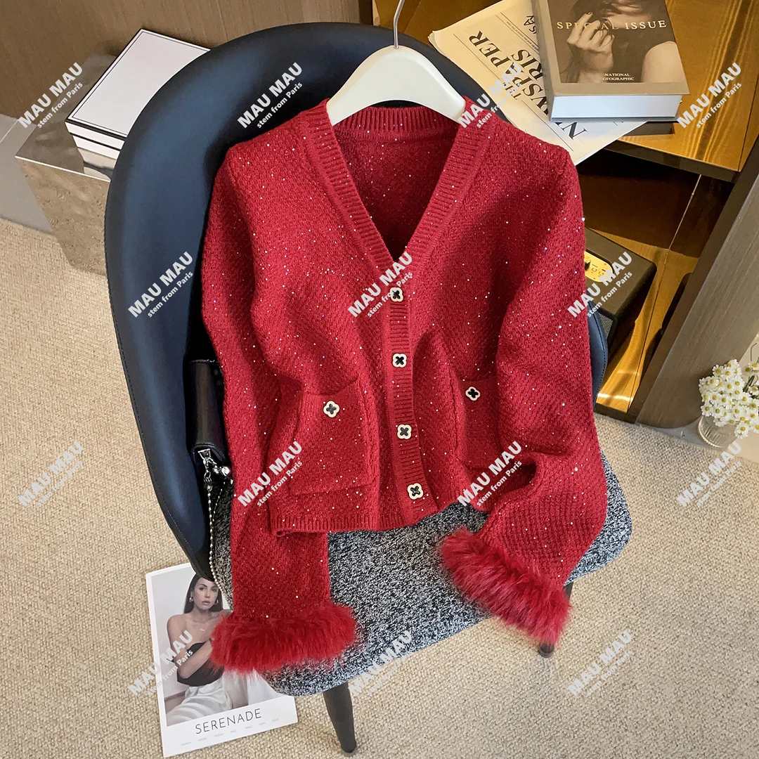 新款红色亮片针织开衫女毛毛袖口V领毛衣DY9584