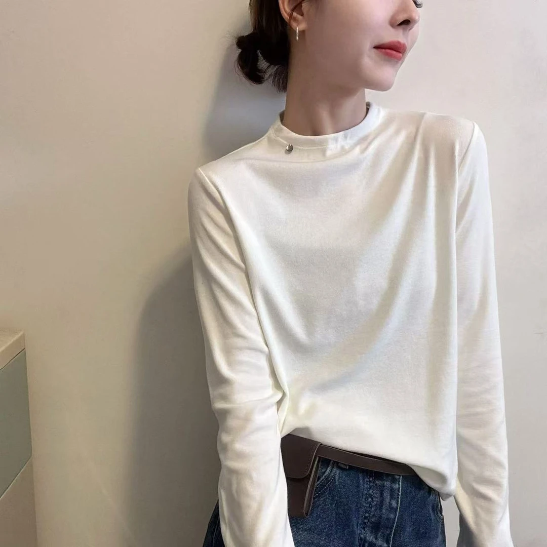 小半高领长袖T恤女2025秋季新款女士打底衫韩版宽松显瘦百搭缝扣T