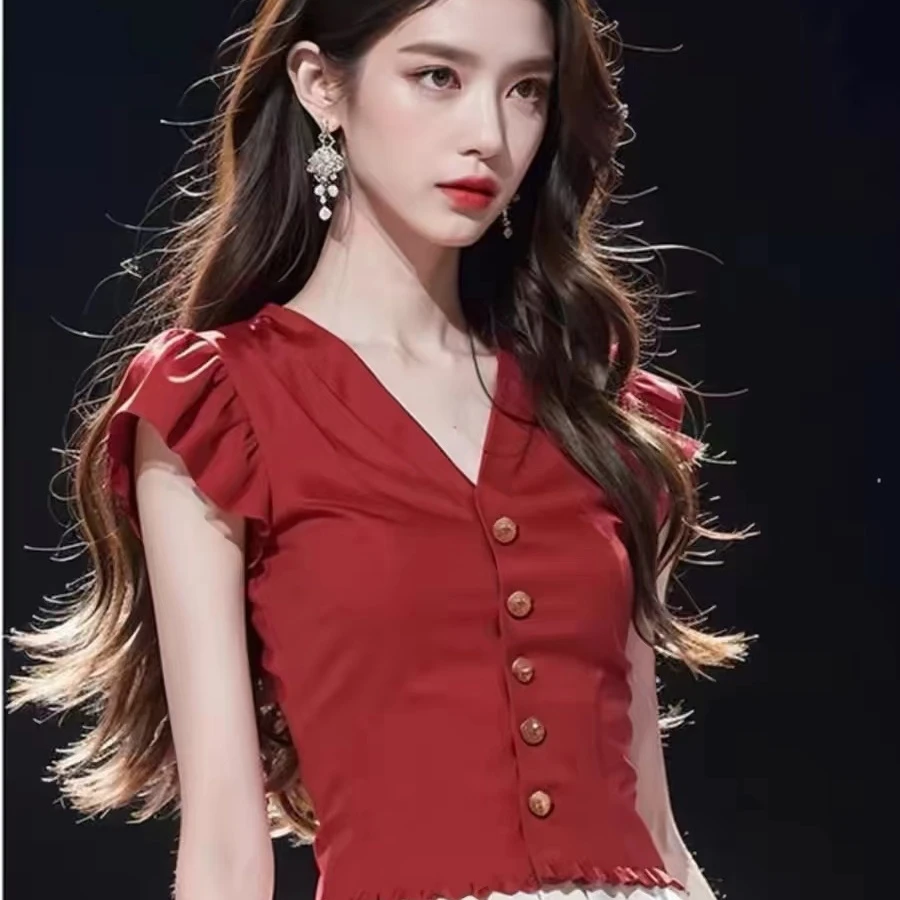 SS1384衬衣新款女轻奢高级感法式掐腰慵懒风红色小飞袖上衣女夏季