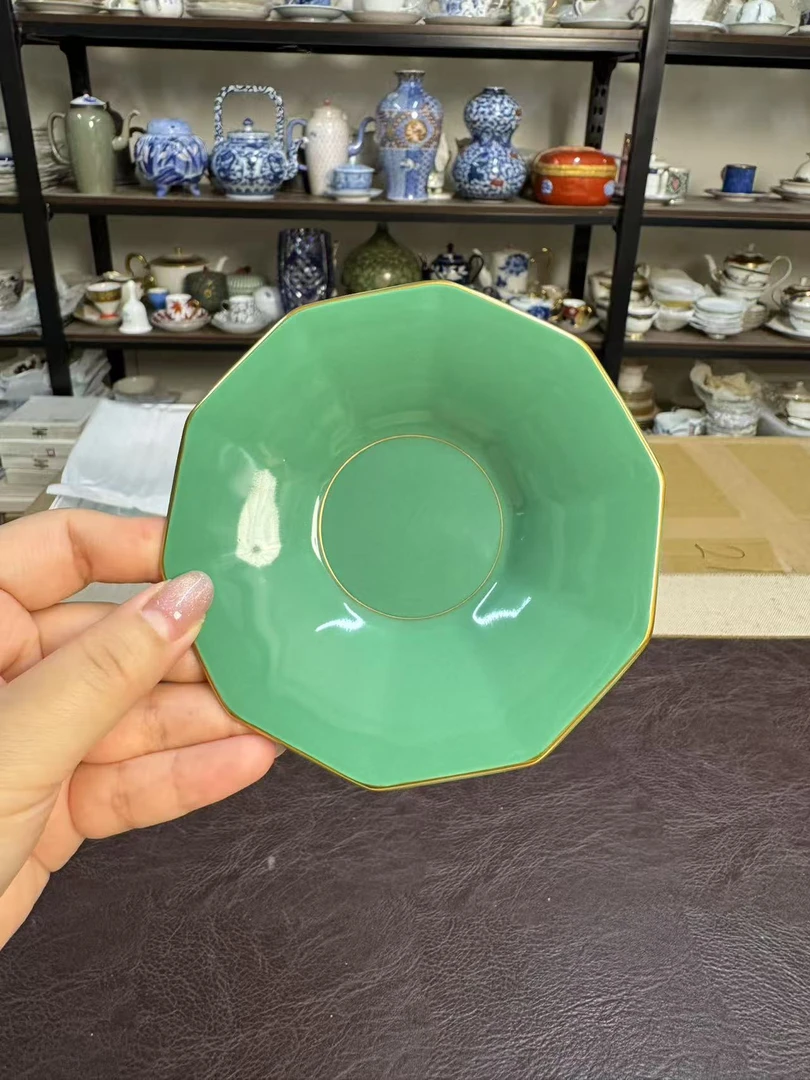 介里家绿色瓷茶杯托小菜蝶