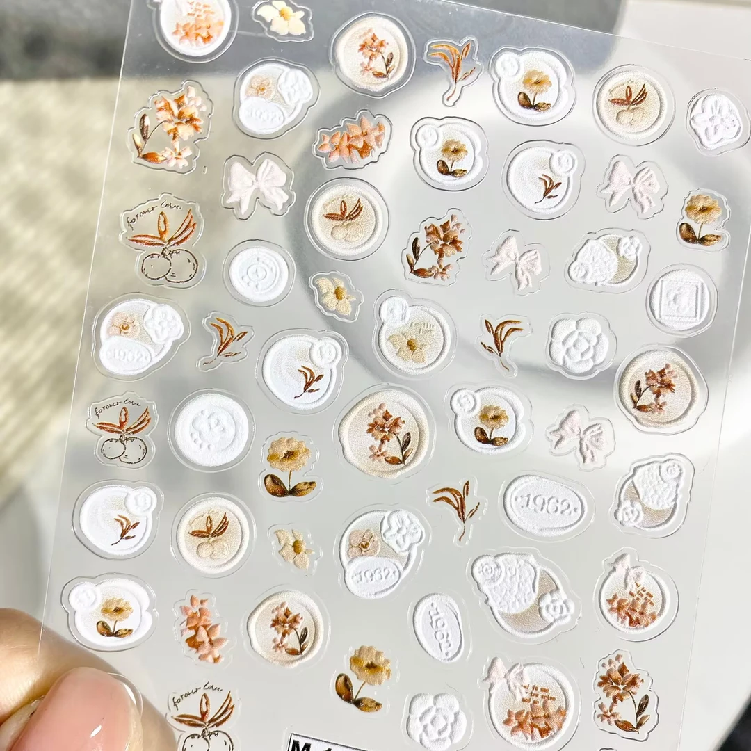 复古玫瑰印章花卉立体浮雕美甲贴纸美拉德风格背胶防水指甲装饰贴