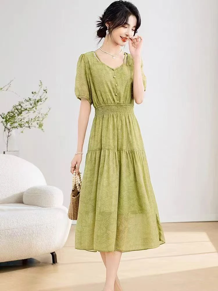 【YY563】气质绝美印花连衣裙女2025夏季新款惊艳松紧收腰显瘦裙