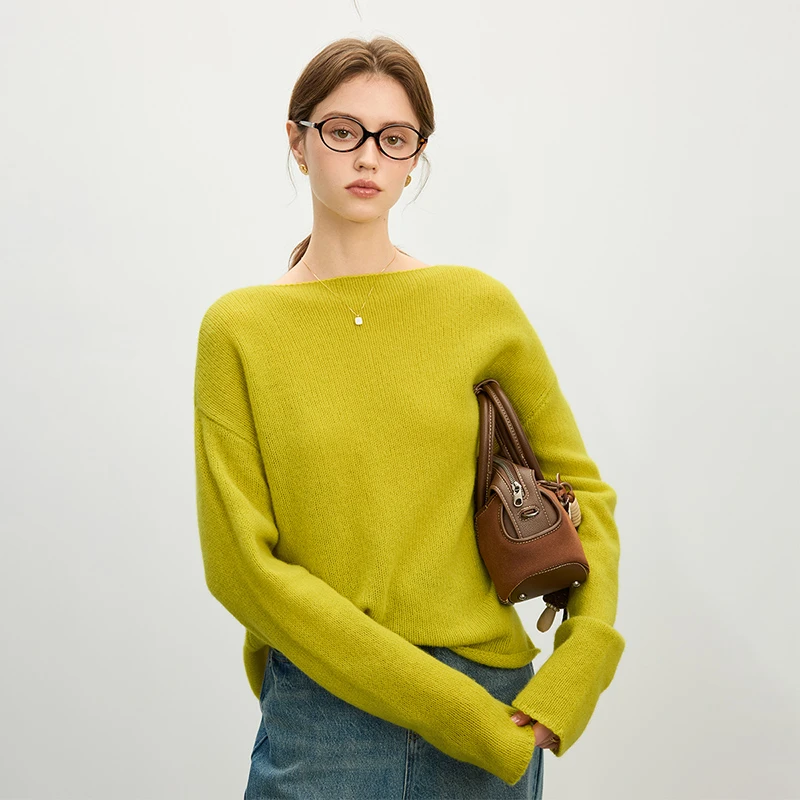 范思蓝恩亲肤柔软全羊毛气质船领毛衫宽松慵懒针织套头25FS11207