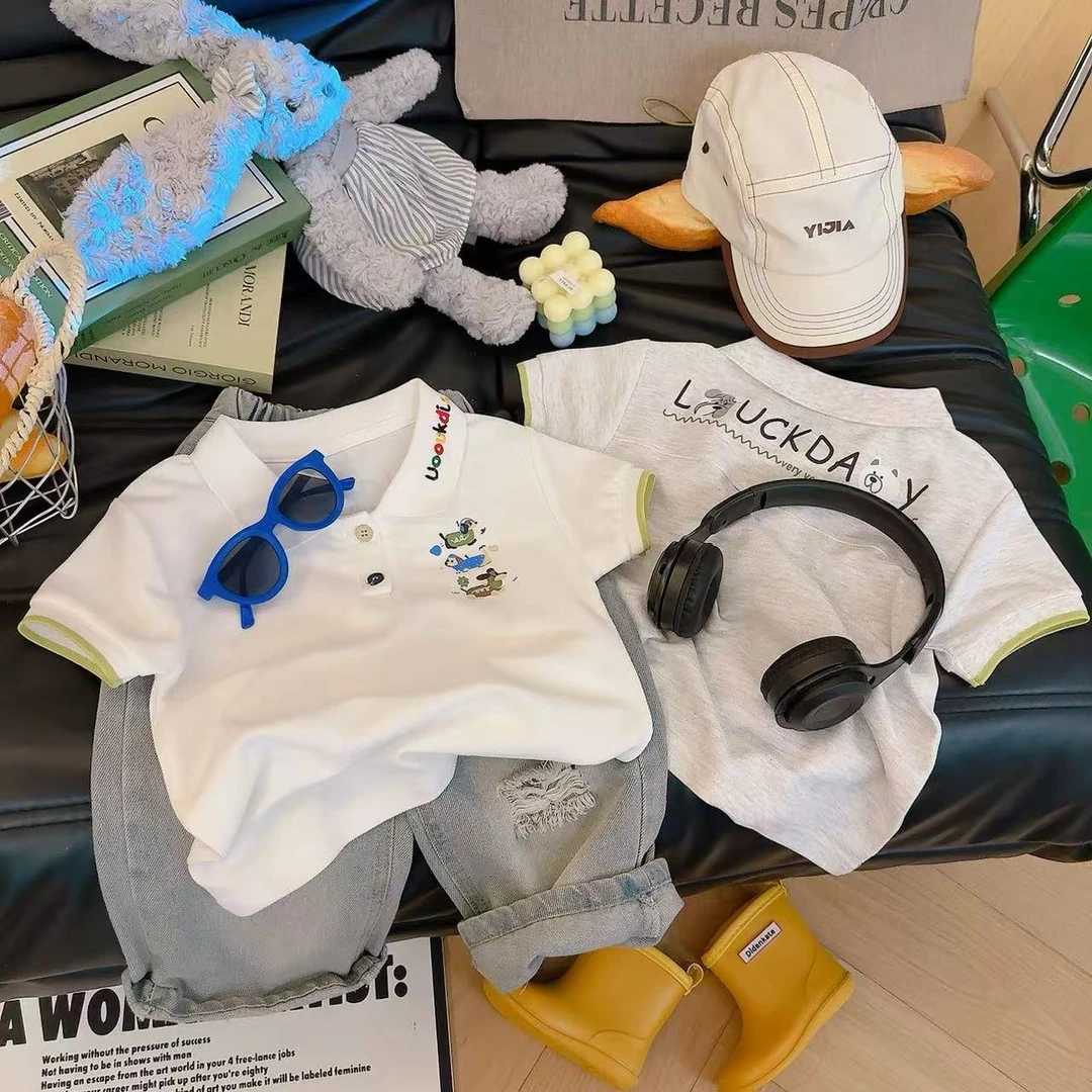 刺绣.新款儿童短袖中大童宽松潮流外穿POOL衫翻领童装