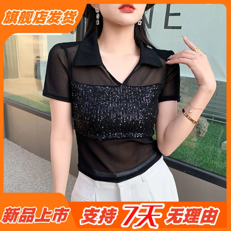 秋季新款秋季新款梵乐芬网红T恤女上衣别致网纱亮片拼接半开领短