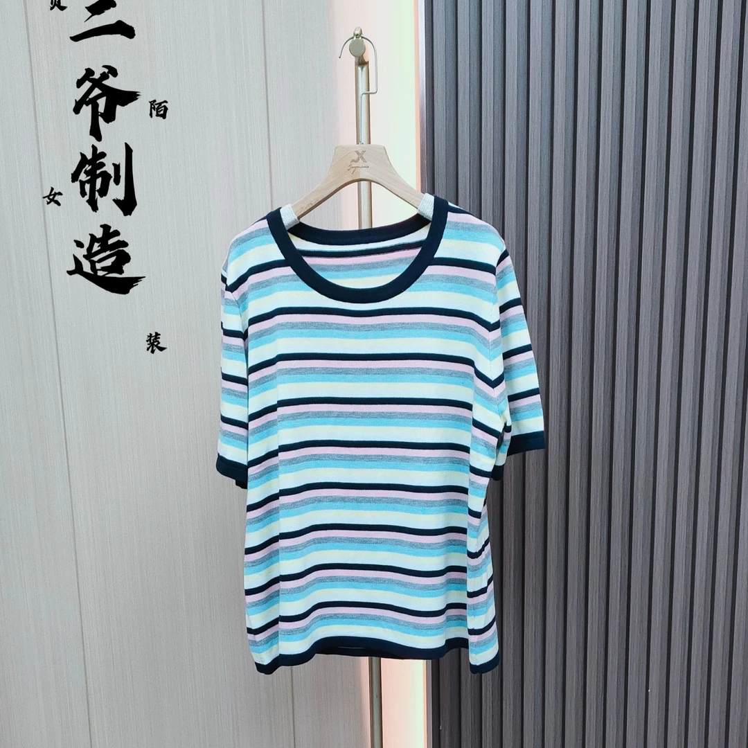 S88020853圆领七彩条纹针织短袖T恤