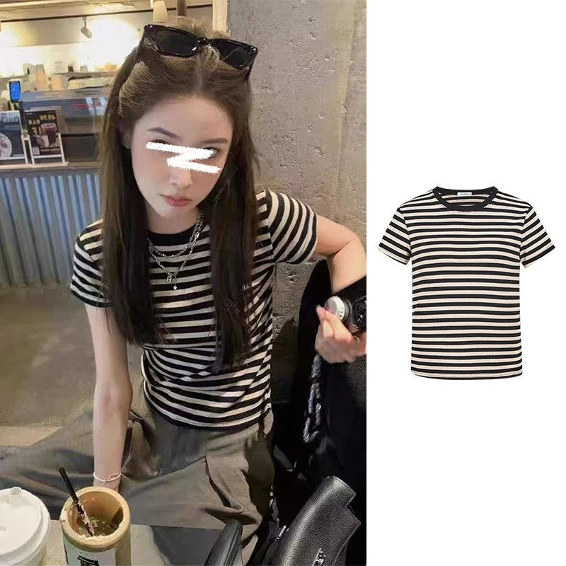 Moses Queen/魔西女王韩系正肩条纹短袖T恤女圆领休闲松弛感上衣