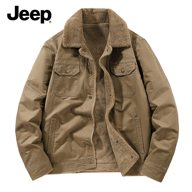 JEEP/吉普品牌秋冬户外休闲男款加绒翻领美式复古水洗棉衣外套