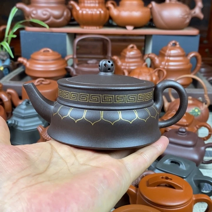 紫砂茶壶禅玉260cc原矿老紫泥描金丝特价