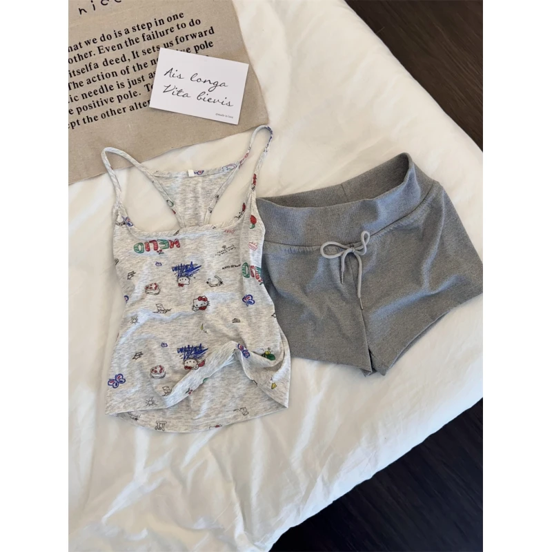 欧若风少女甜美kitty猫吊带睡衣女夏季新款短裤套装家居服可外穿