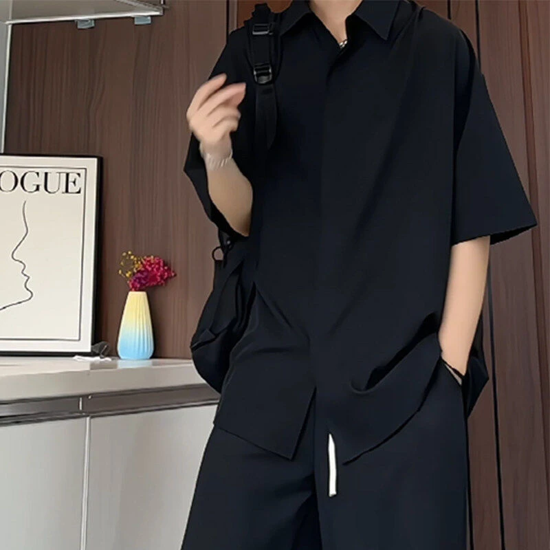 夏季新品纯色凉感冰丝短袖衬衫男暗门禁高级感痞帅宽松大码潮衬衣